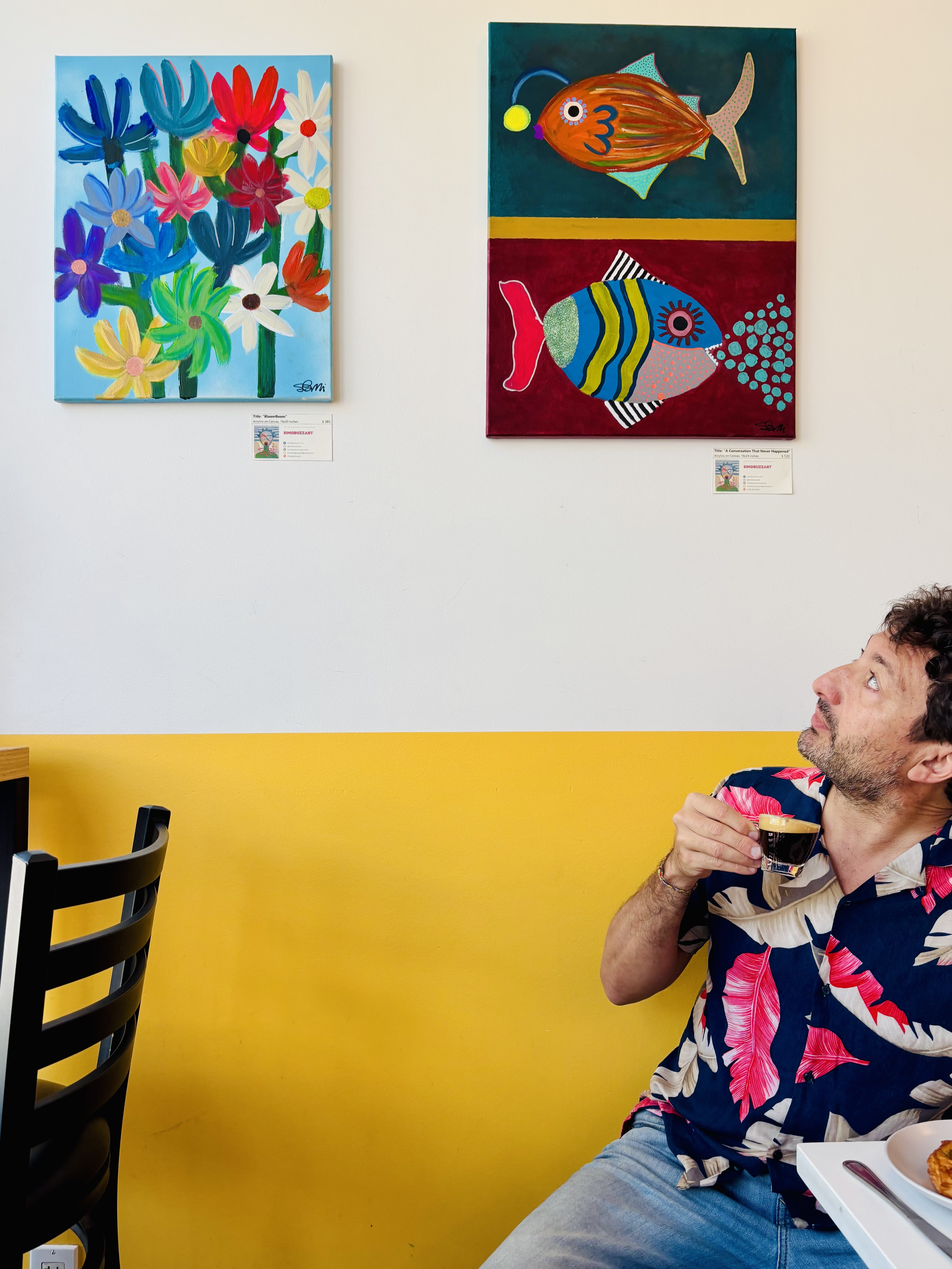 SimoBuzzArt paintings on display at Little Umbrella, West Point Grey
